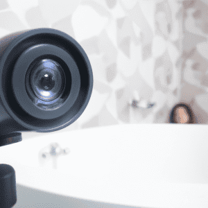 small security camera installed in bathroom to film bathtub where beauitful woman is taking a bath